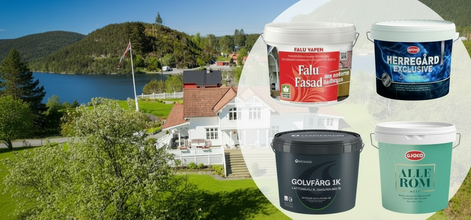Kollage med färgburkar från olika leverantöere över en bild av ett hus i vacker miljö.