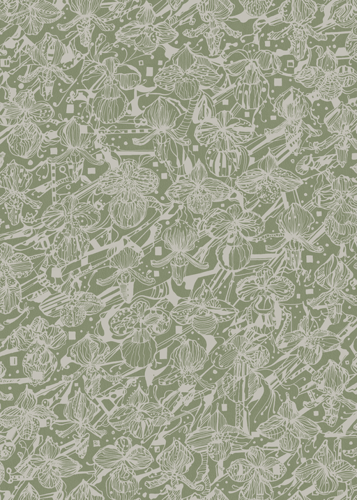 Reveal Tapet Orkidéblomster - Mörk olivgrön-beige