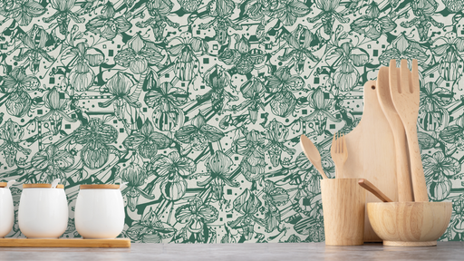 Reveal Tapet Orkidéblomster - Mörkgrön-teal