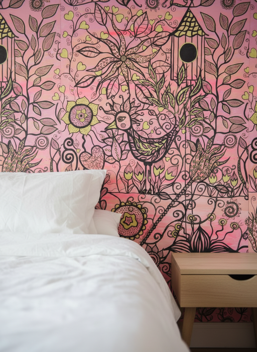 Rosa botanisk tapet - inzoomad miljöbild