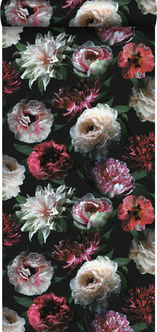 ESTAhome tapet blommor - rosa, svart och mörkgrönt
