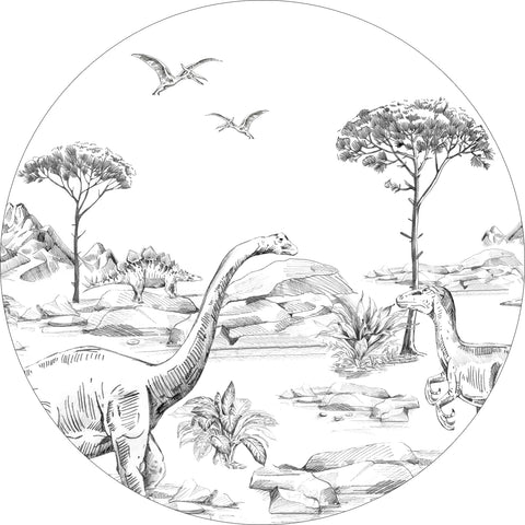 ESTAhome rund tapet dinosaurier svart och vitt